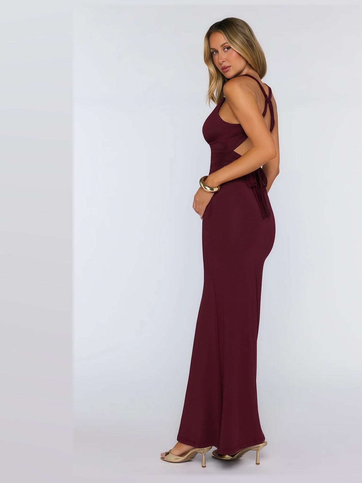 Burgundy formal dress with a-line silhouette and maxi length