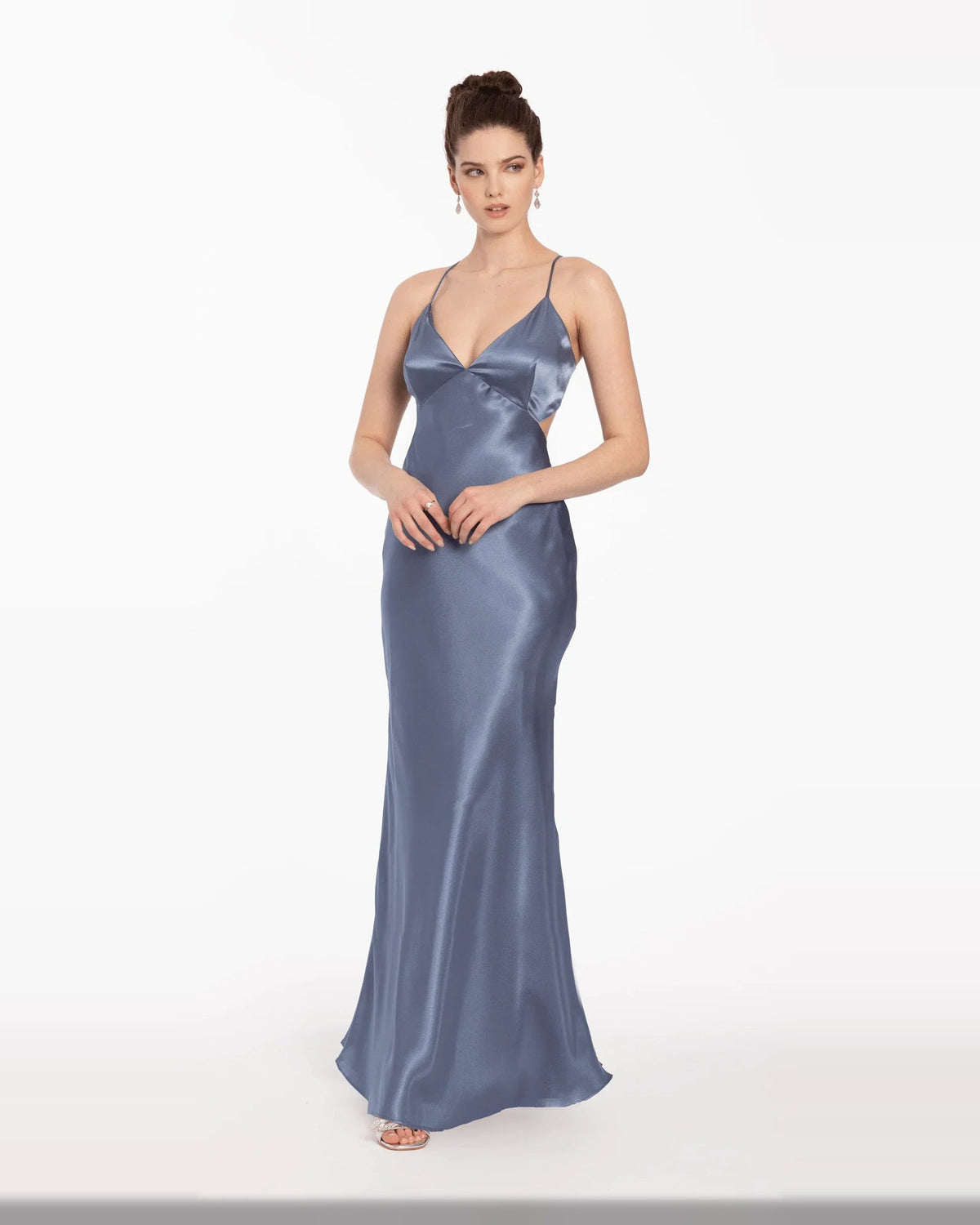Blue satin column maxi prom dress with V-neck and spaghetti straps