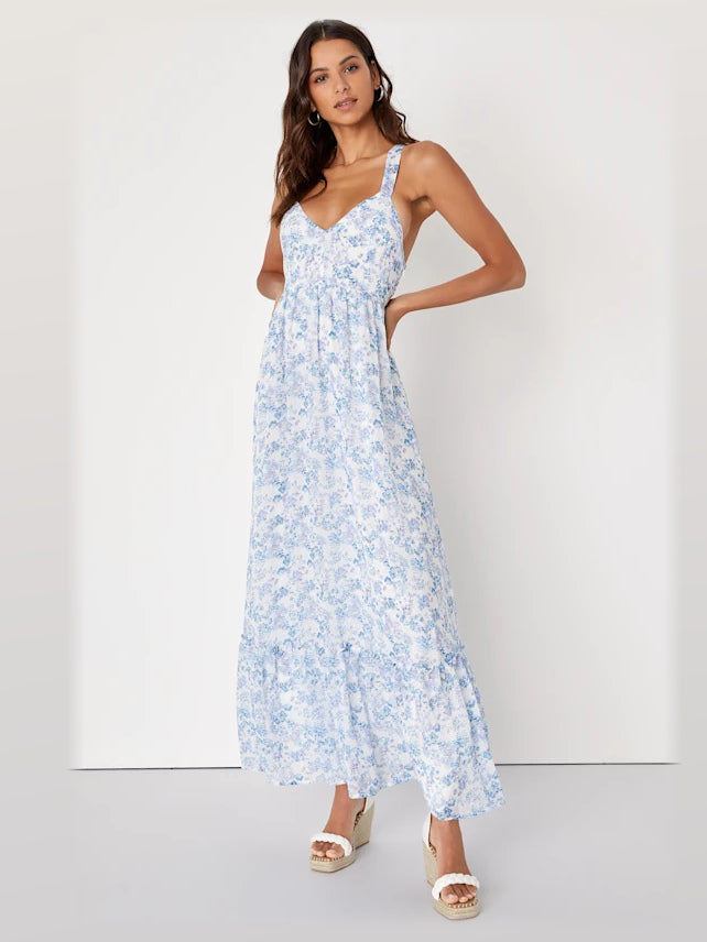 White Floral maxi formal dress, front full-length view showing the neckline