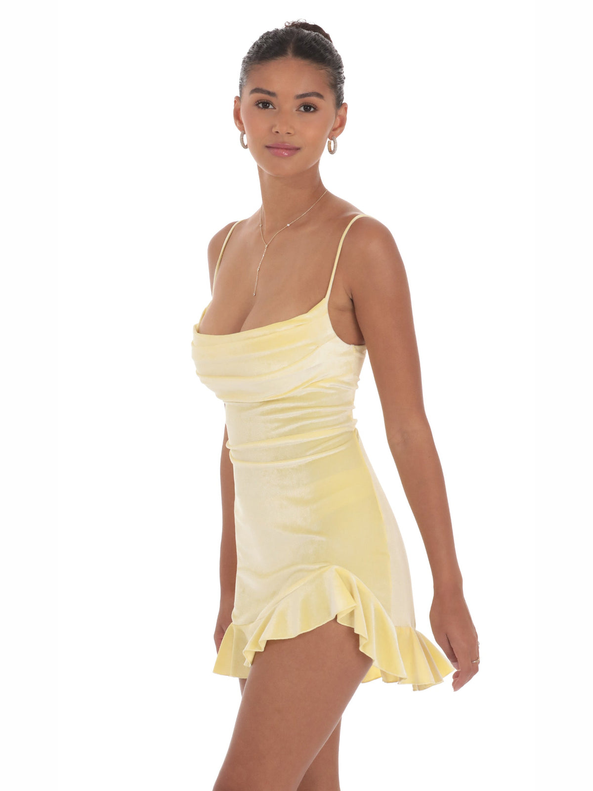 Yellow satin A-line mini dress with ruffled layered hem and spaghetti straps