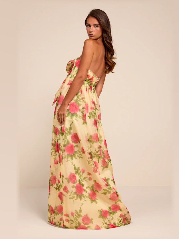 Light Yellow Floral formal dress with a-line silhouette and maxi length