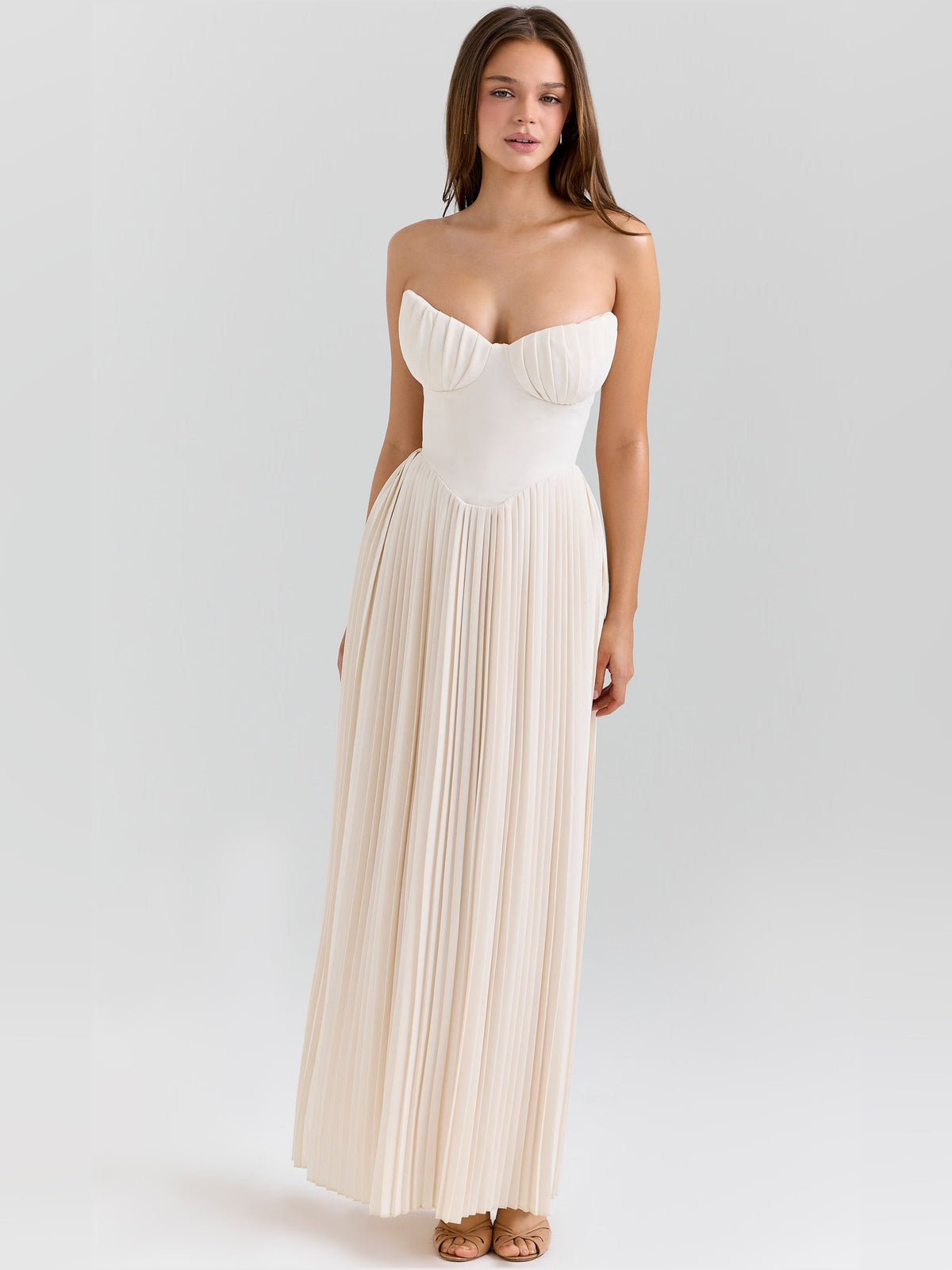 Ivory sweetheart spaghetti strap pleated maxi dress, sleeveless bodice, floor-length