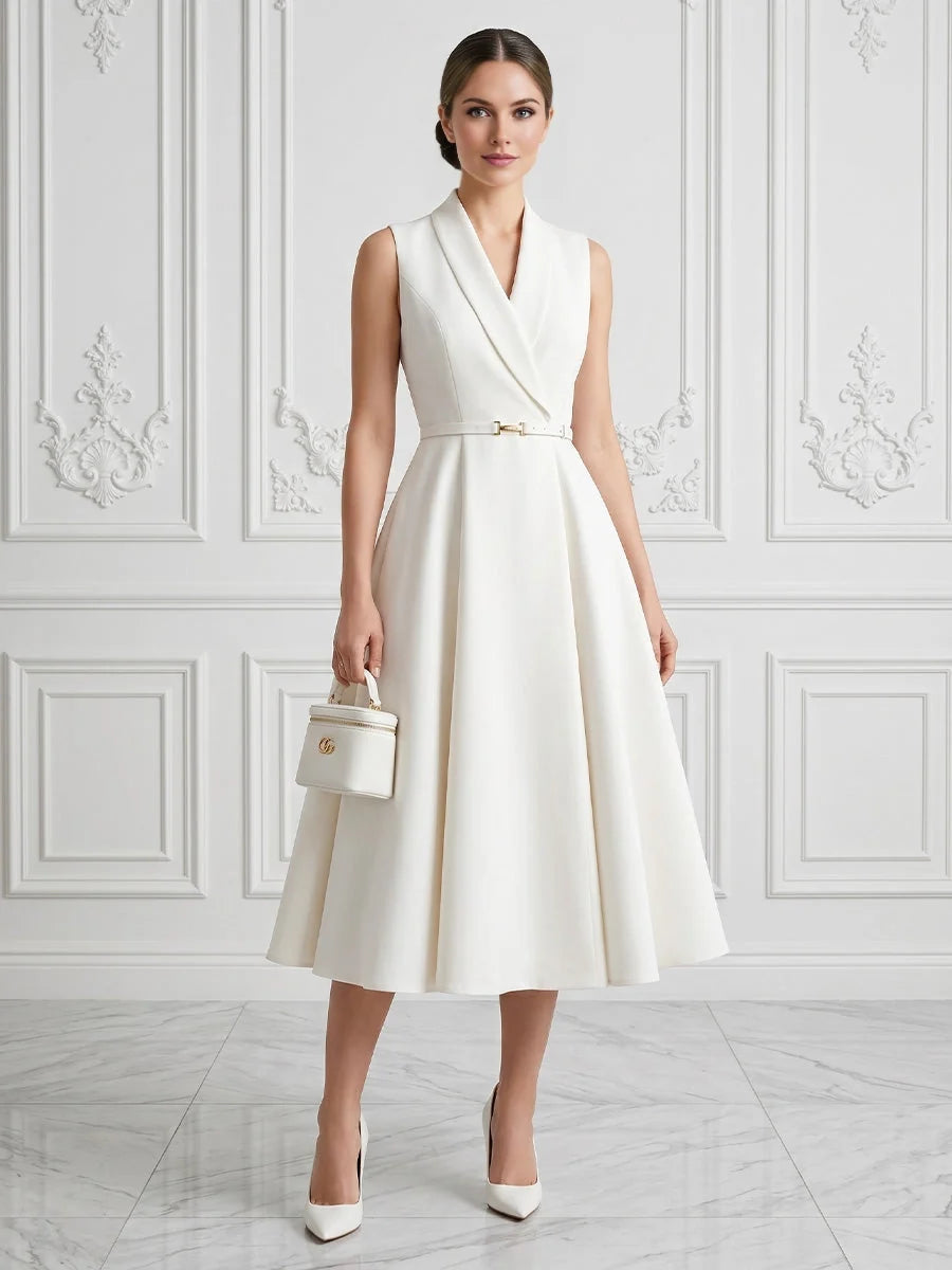 White V-neck sleeveless A-line midi crepe dress with waist belt, front view