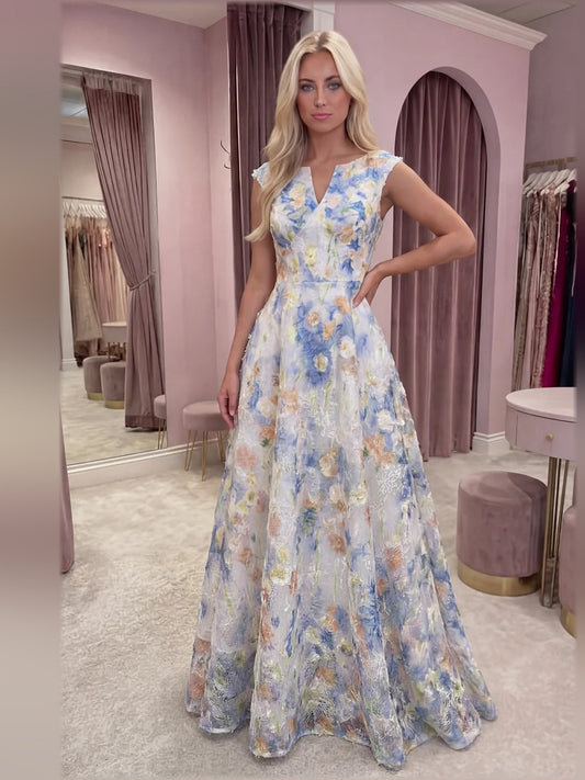 Light blue floral tulle A-line formal dress, notch neckline, sleeveless, floor-length