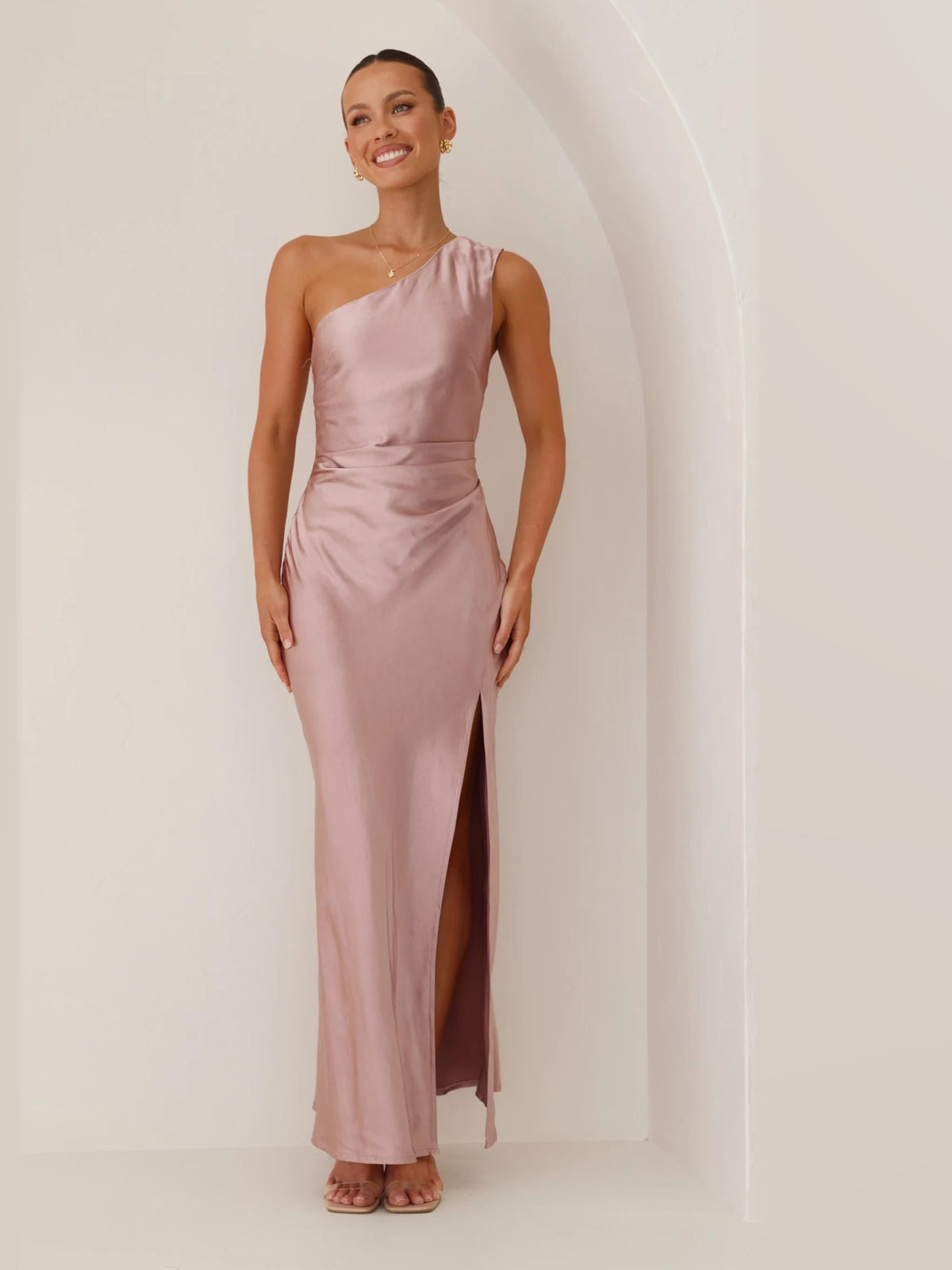 Dusty Pink maxi formal dress, front full-length view showing the neckline