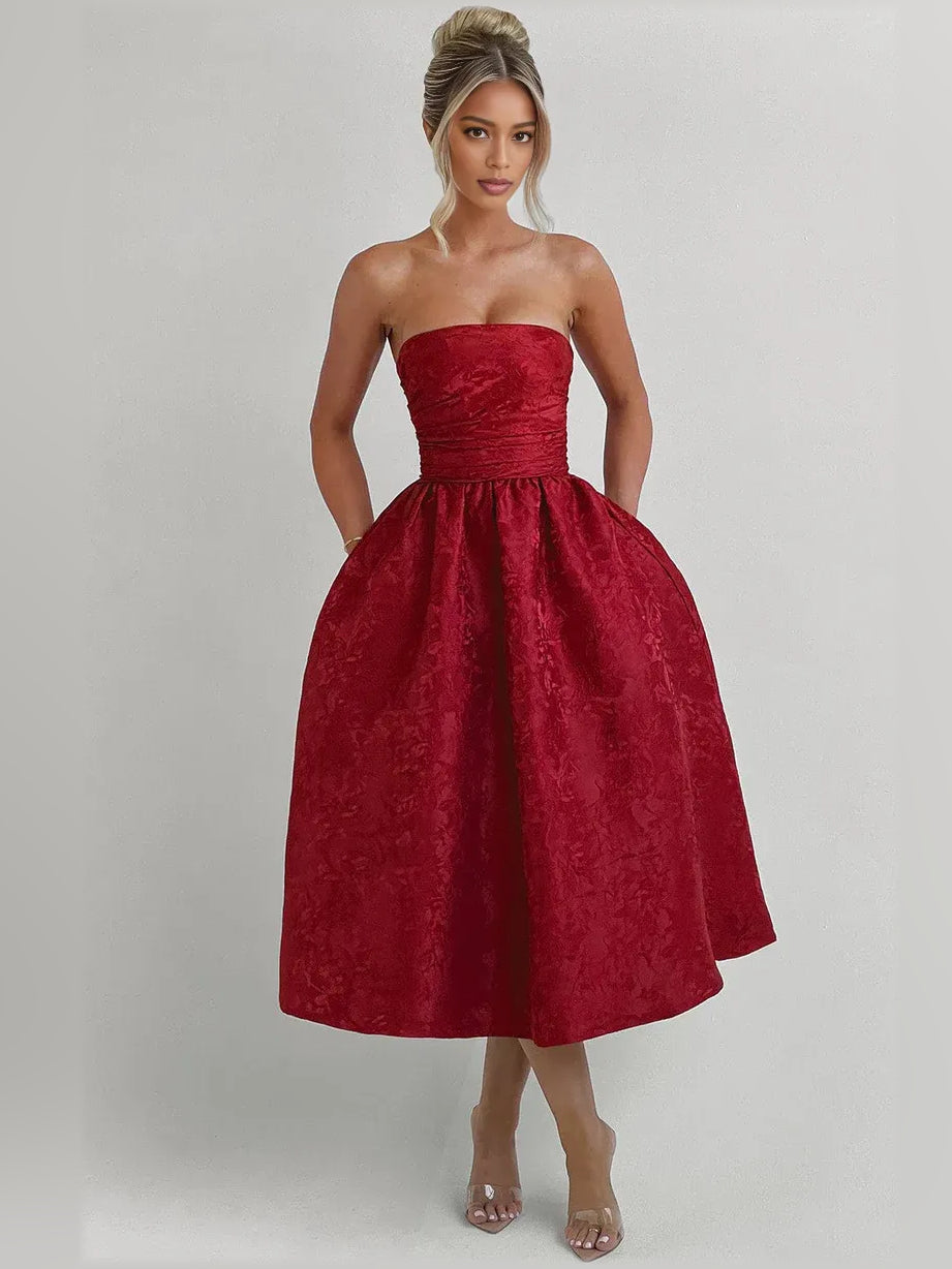 Strapless corset midi formal dress in deep red, ruching bodice and full skirt