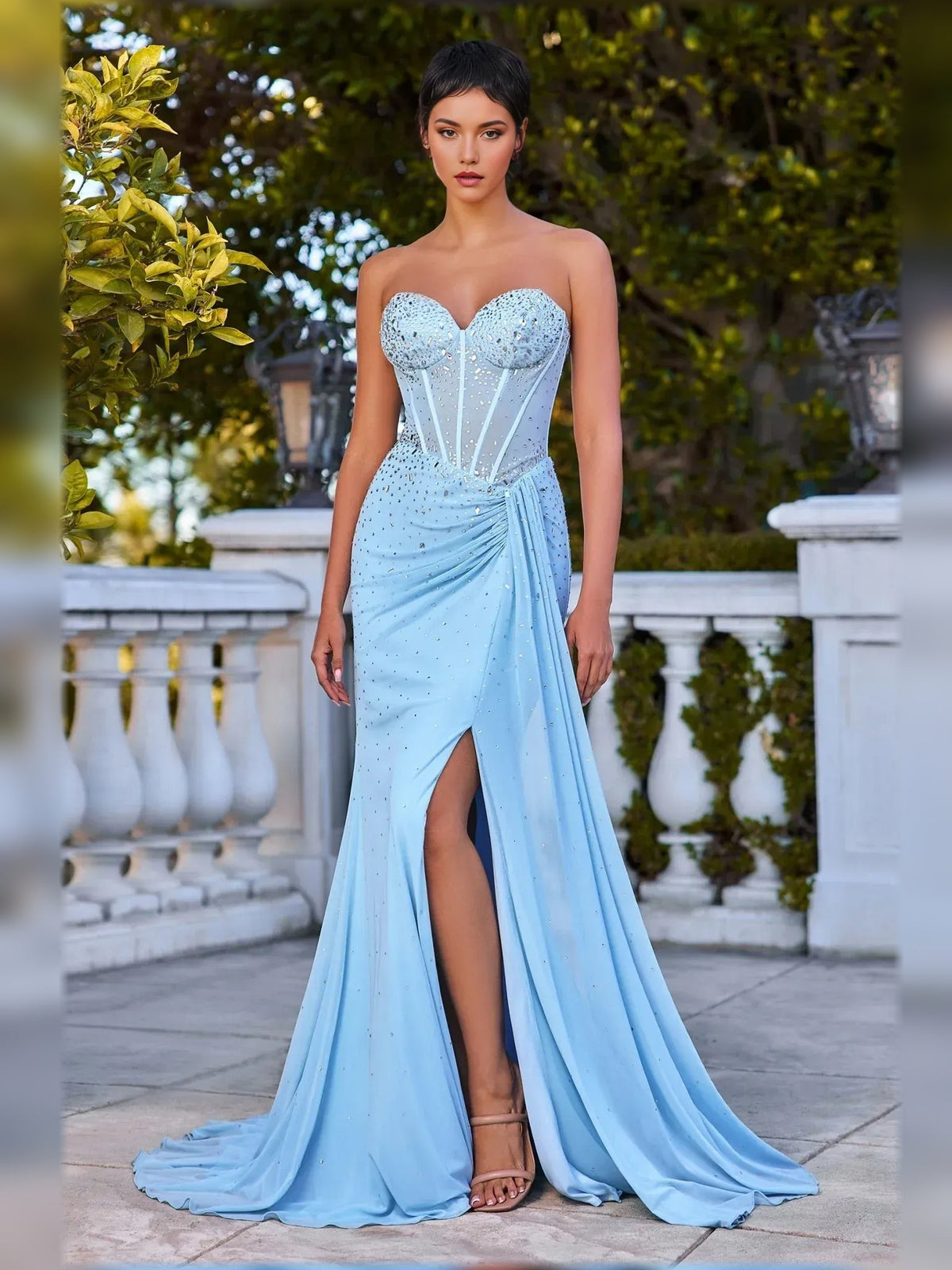 Light blue strapless mermaid formal dress with rhinestone bodice, ruched waist, slit