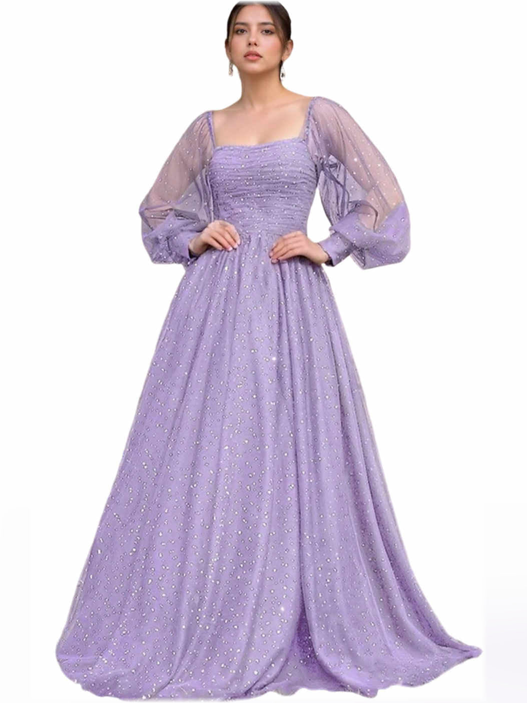 Lavender square-neck corset formal dress, long sheer puff sleeves, floor-length