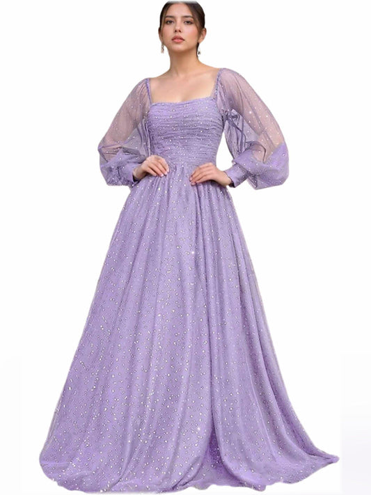 Lavender square-neck corset formal dress, long sheer puff sleeves, floor-length