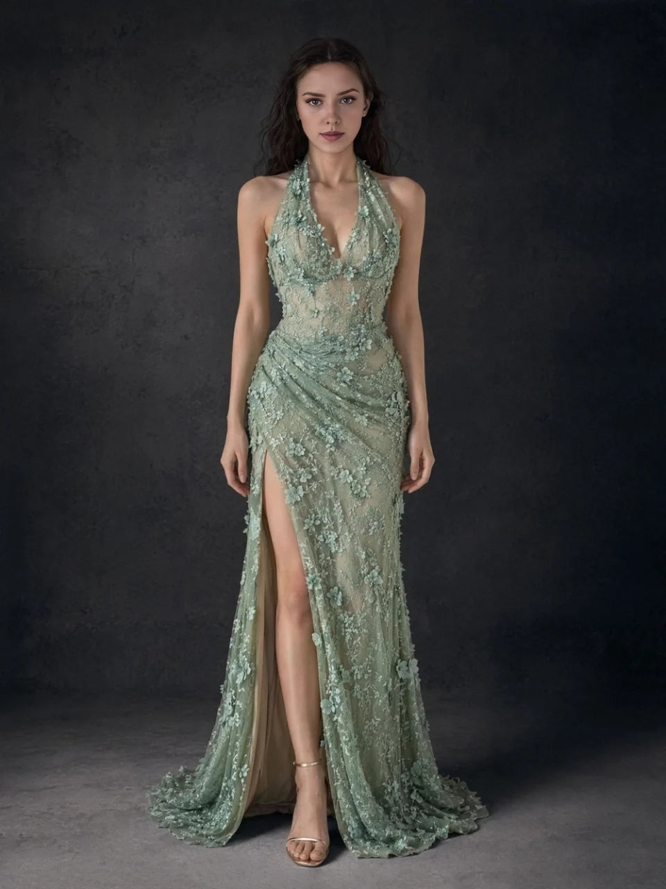 Sage green floral halter-neck formal dress with ruching, embellished bodice, front slit