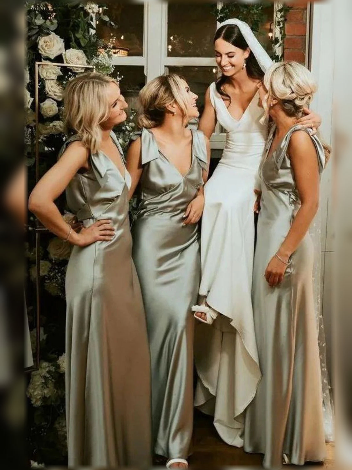 Sage satin A-line bridesmaid dress, backless V-neck, floor-length with draped skirt