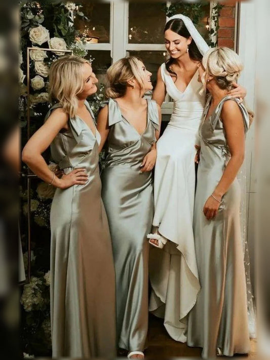 Sage satin A-line bridesmaid dress, backless V-neck, floor-length with draped skirt