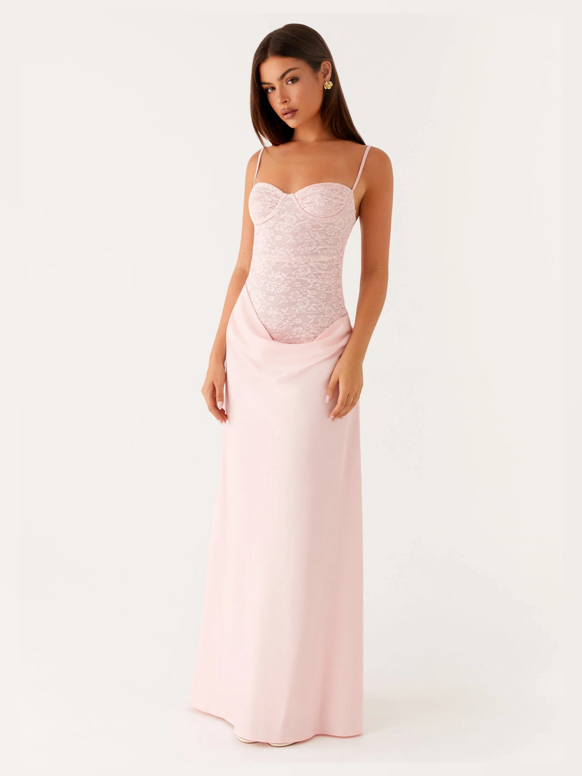 Pink maxi formal dress, front full-length view showing the neckline
