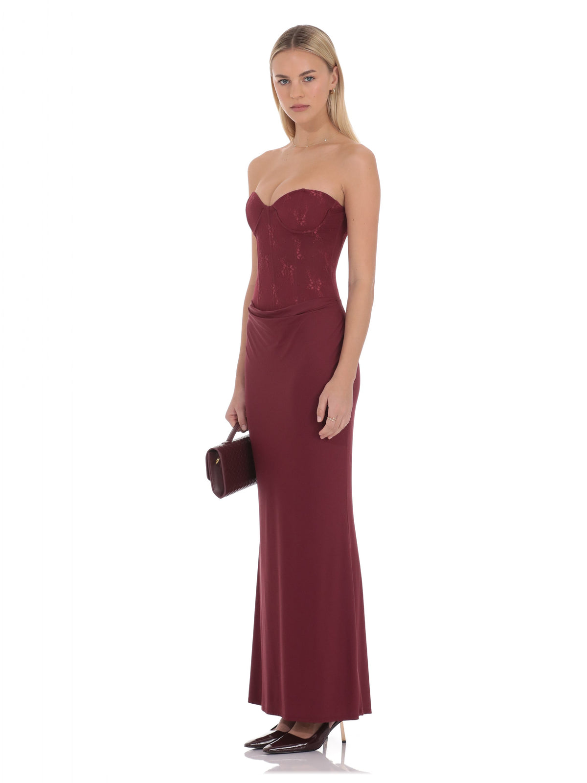 Burgundy bridesmaid dress with a-line silhouette and maxi length