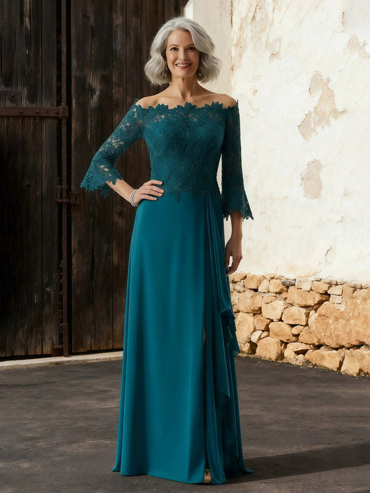 Peacock teal off-shoulder sheath gown with lace sleeves, floor-length chiffon skirt