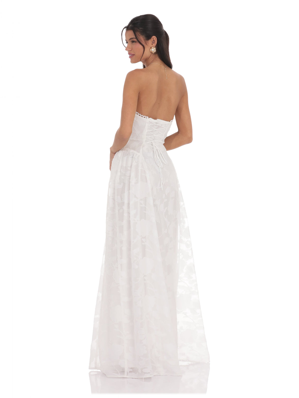 White bridesmaid dress with a-line silhouette and maxi length