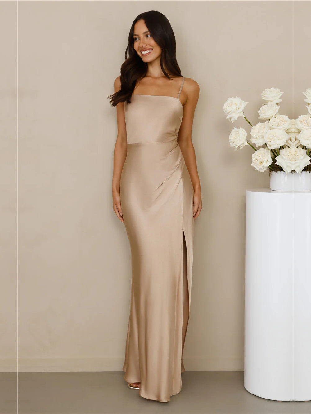 Champagne sheath maxi formal dress with strapless neckline, full-length front view