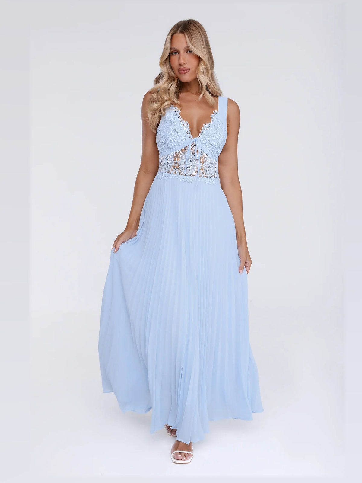 Blue maxi formal dress, front full-length view showing the neckline