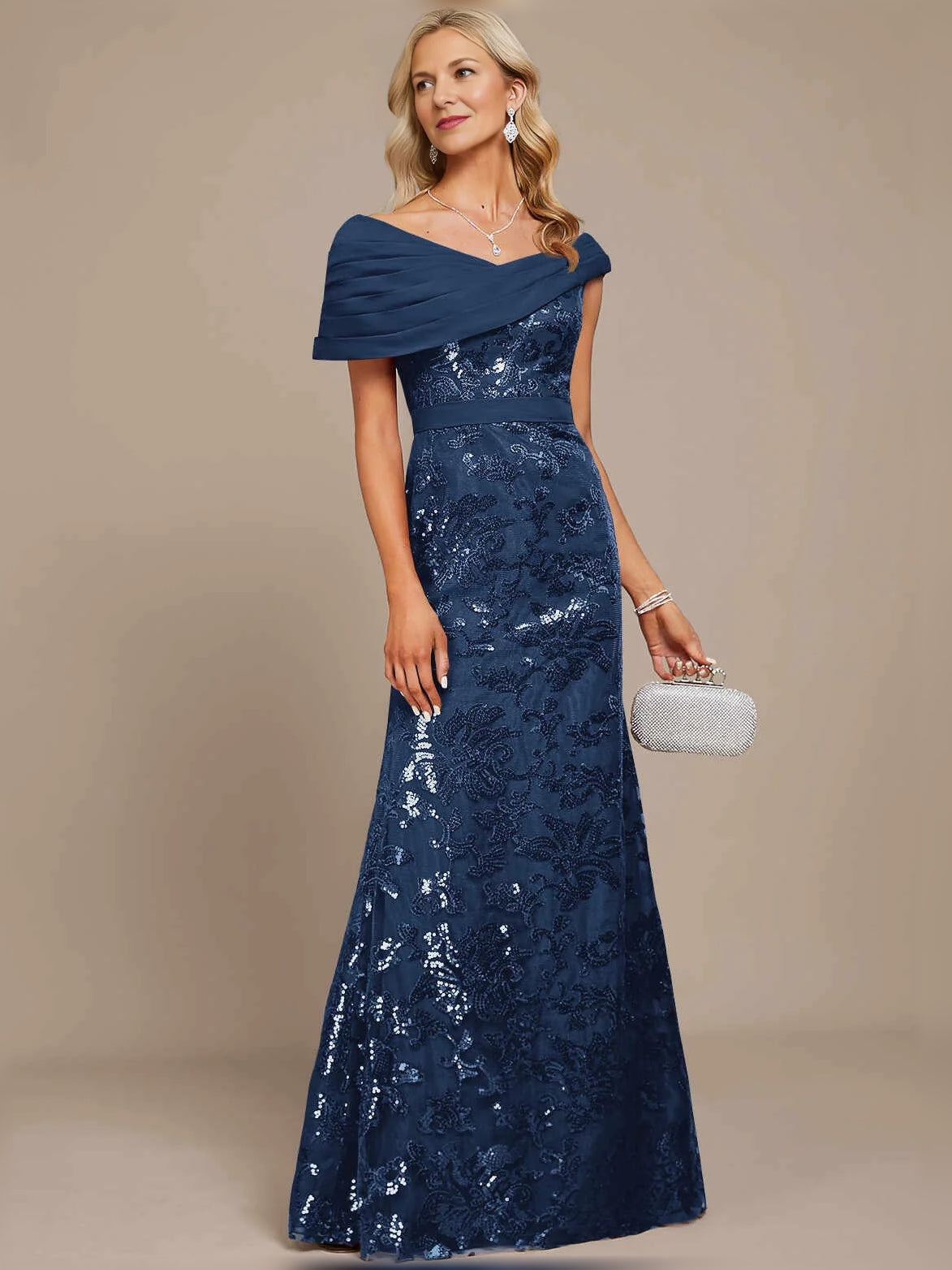 Dark navy off-shoulder mermaid maxi dress with floral print and draped neckline
