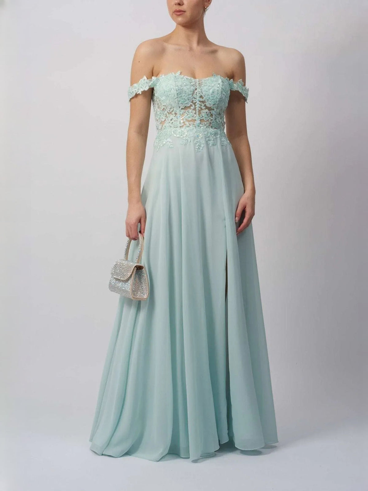 Mint green off-shoulder A-line chiffon prom dress with lace bodice, floor-length hem