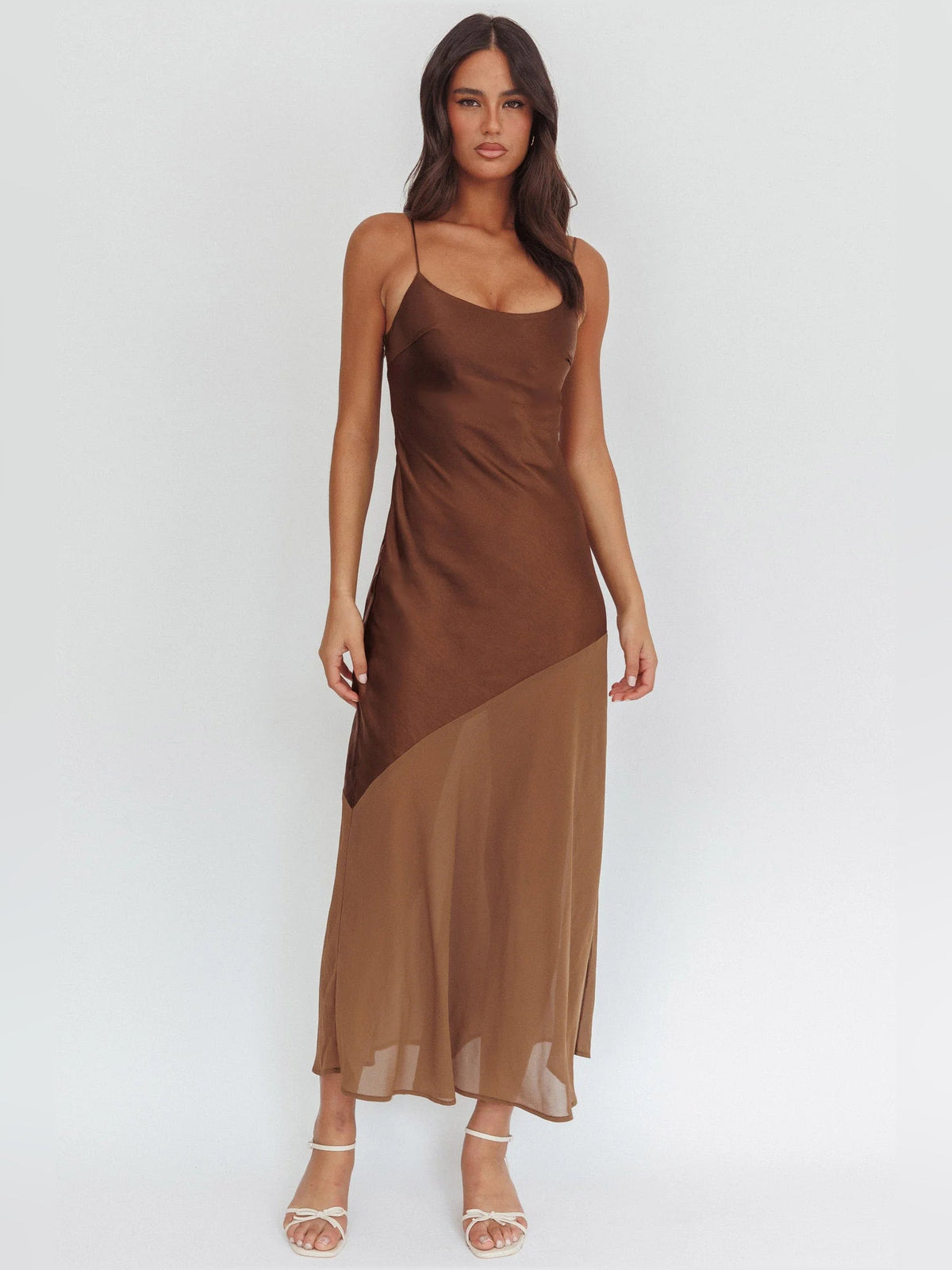 Chocolate sheath midi formal dress, full-length front view