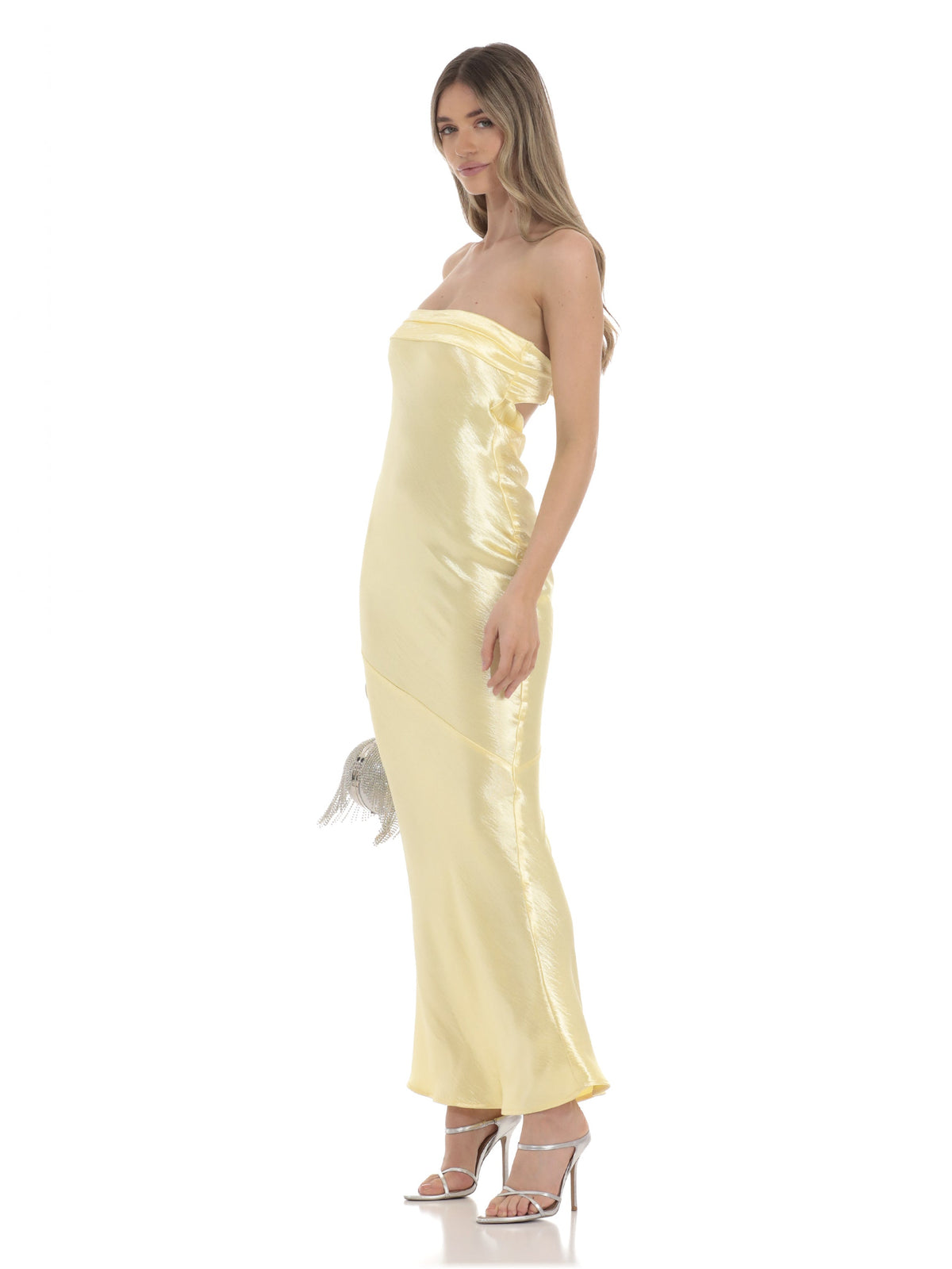 Yellow strapless satin maxi dress with draped A-line silhouette