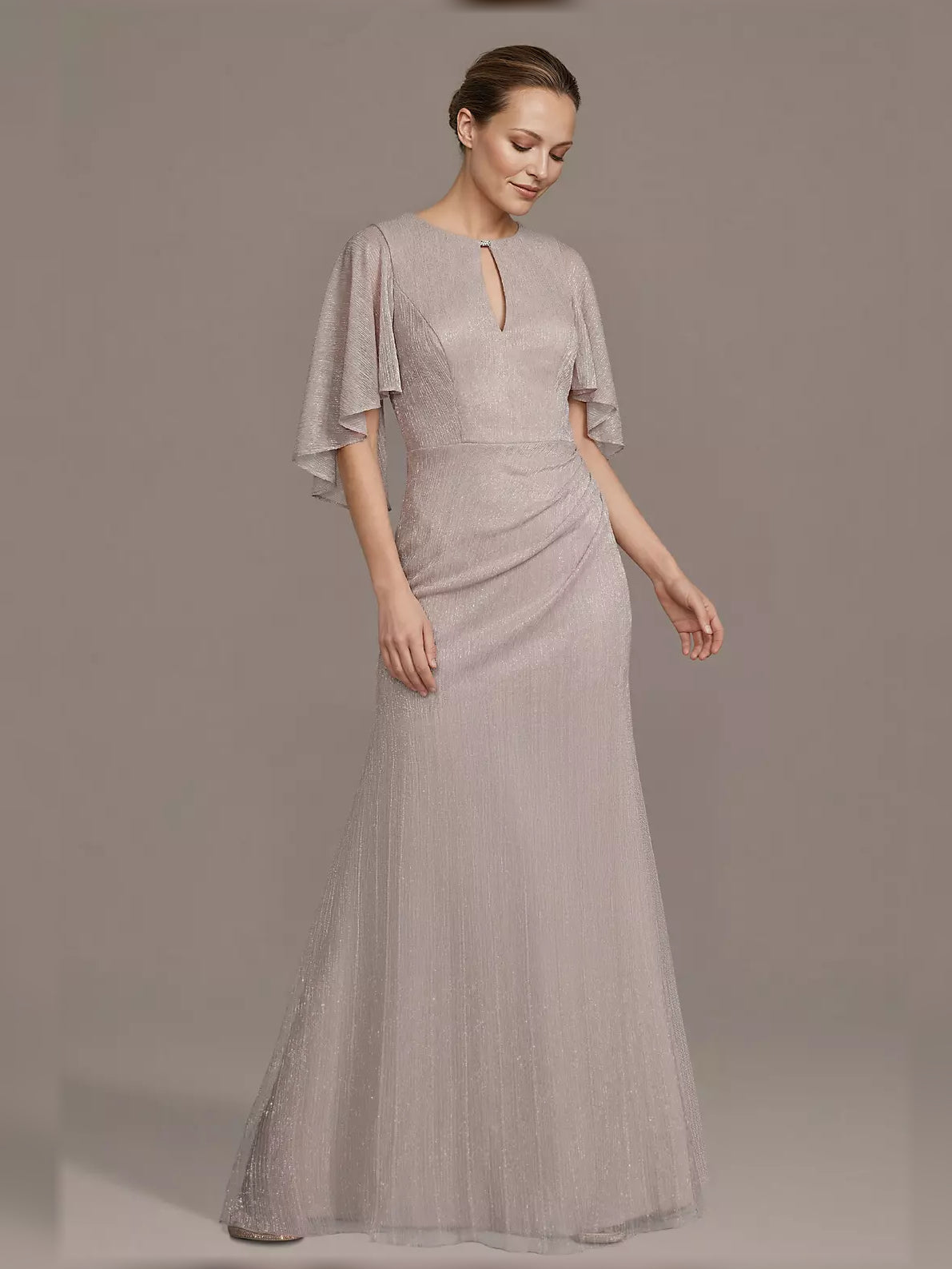 Blush pink A-line maxi dress with ruched bodice, keyhole neckline, flutter sleeves