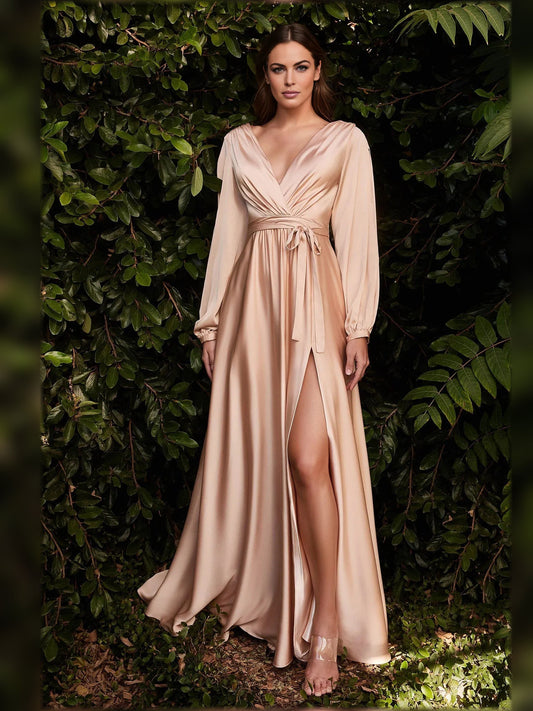 V-neck long-sleeve pleated formal dress in nude satin with leg slit and tied waist
