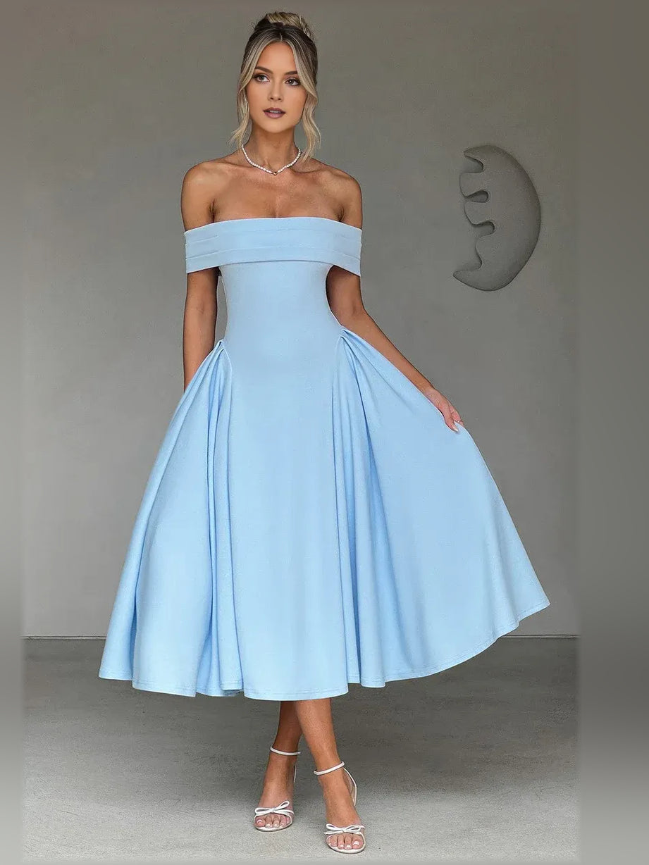 Light blue off-the-shoulder A-line midi formal dress with pleated skirt