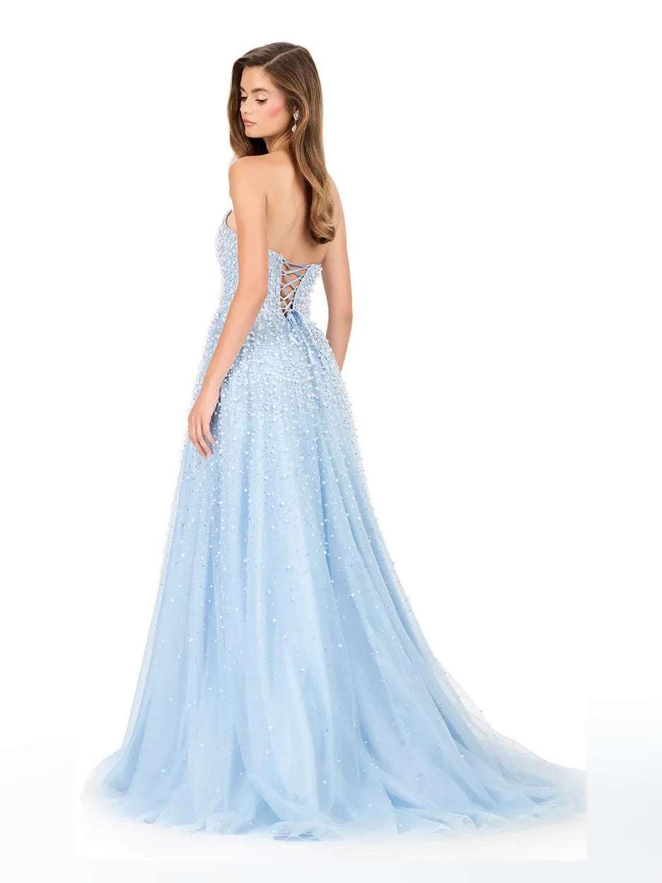 Light blue beaded sweetheart corset A-line tulle prom dress, floor-length, thin straps