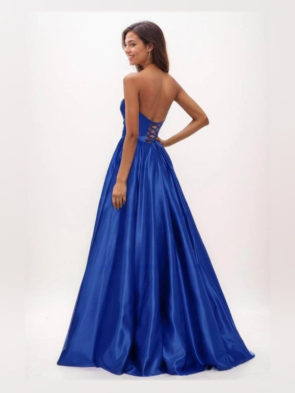 Royal blue satin corset A-line prom dress, open back with laced detail
