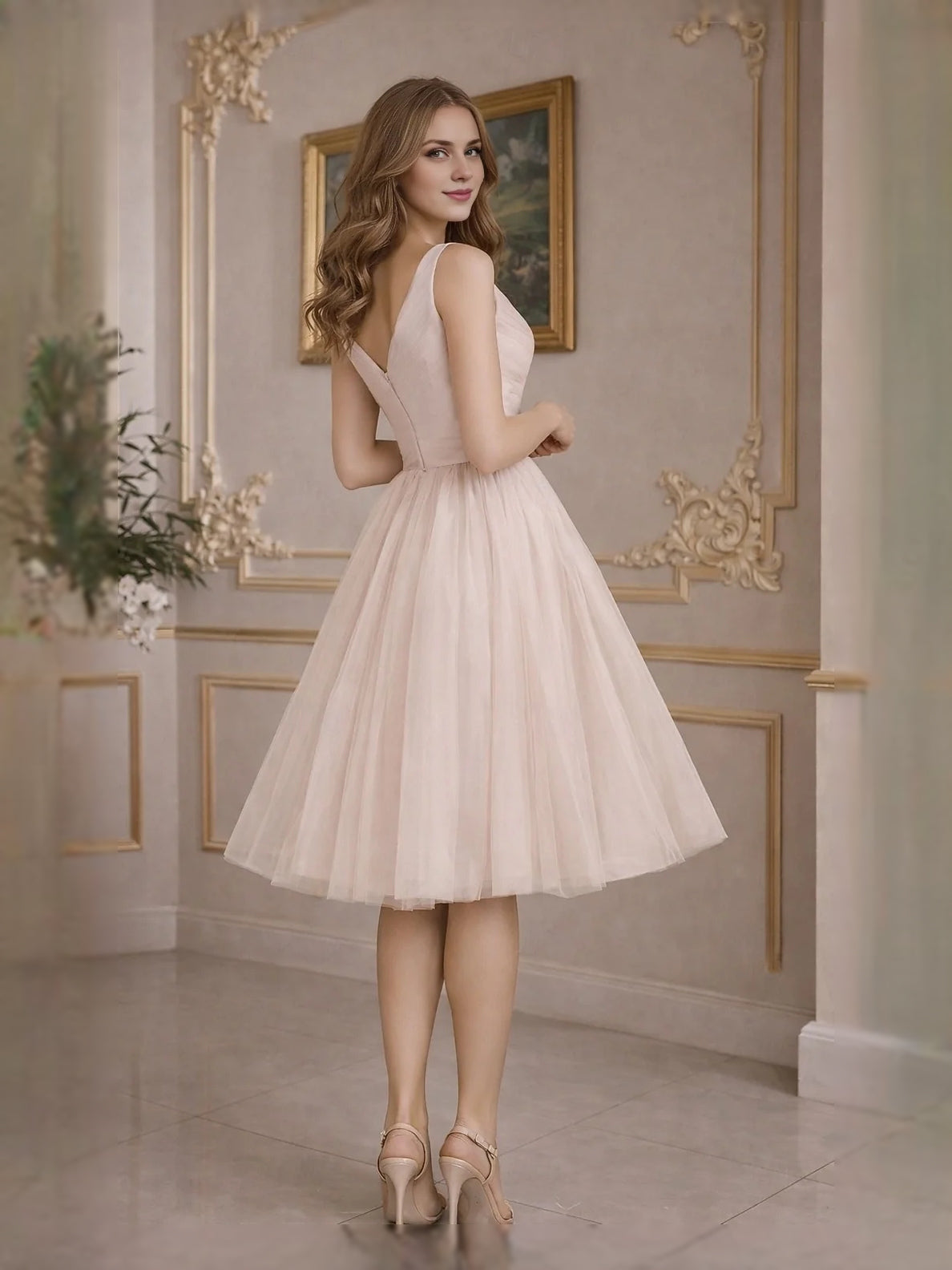 Ruched V-neck tulle prom dress, blush pink sleeveless A-line knee-length skirt
