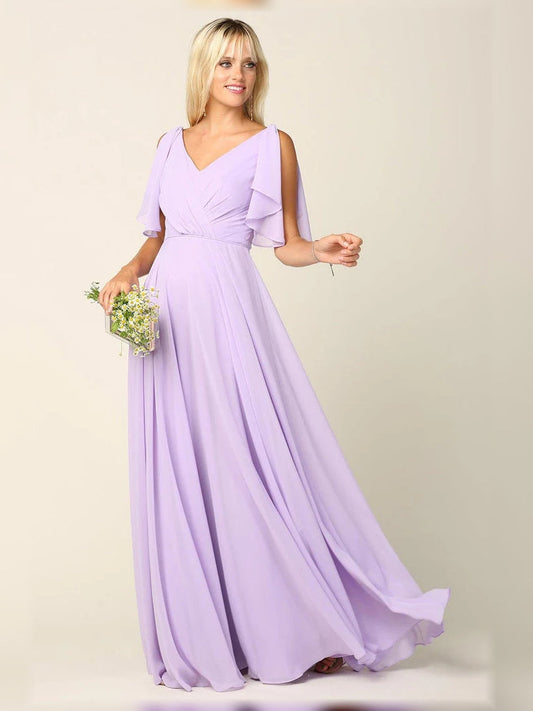Lilac chiffon maxi bridesmaid dress with V-neck, A-line skirt, and flutter sleeves