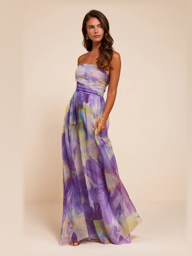 Purple Multi Floral formal dress with a-line silhouette and maxi length