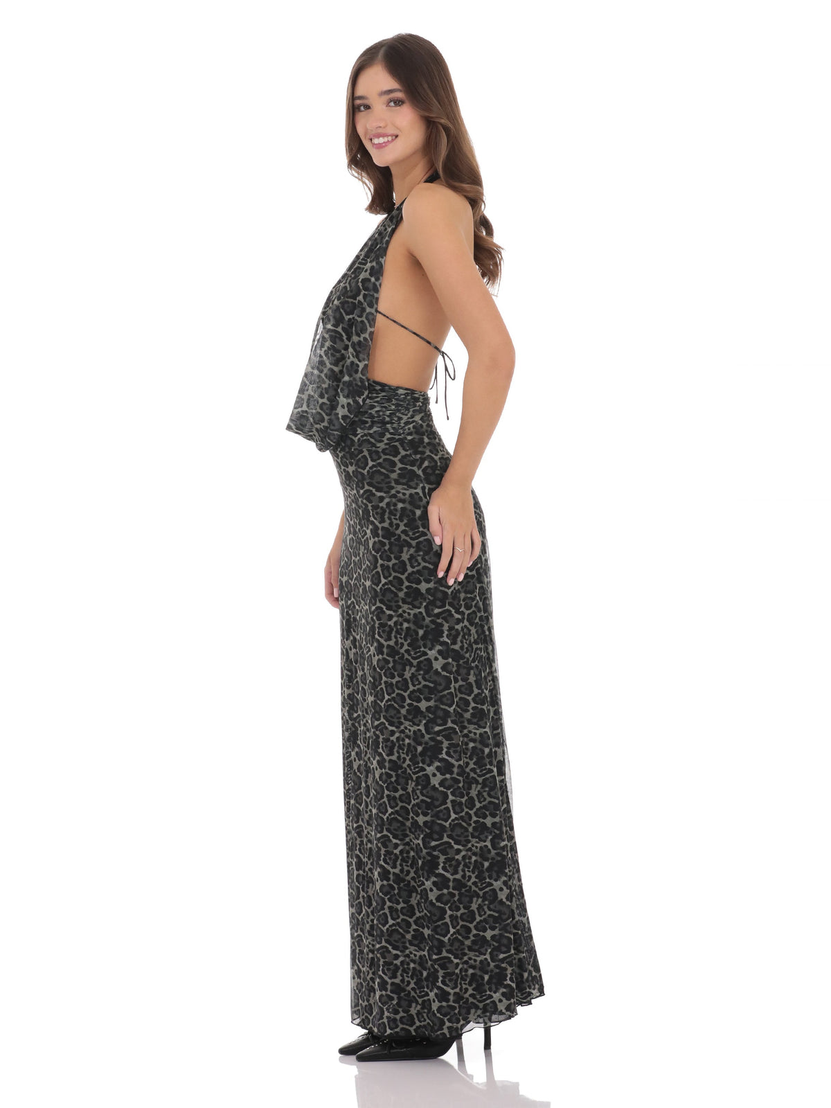 Teal bridesmaid dress with a-line silhouette and maxi length