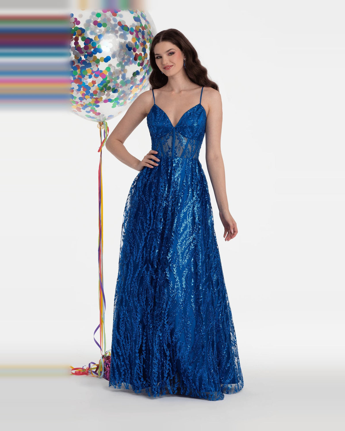 Blue sequin corset sweetheart ball gown with pleated skirt and spaghetti straps