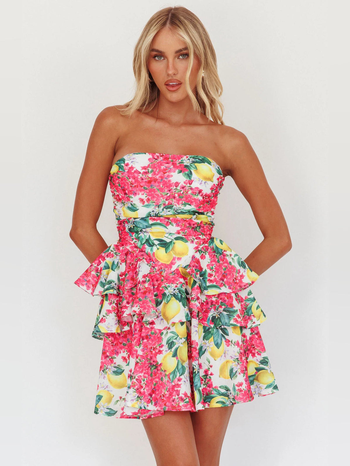 Layered mini dress in pink with lemon floral print and ruffled tiered skirt
