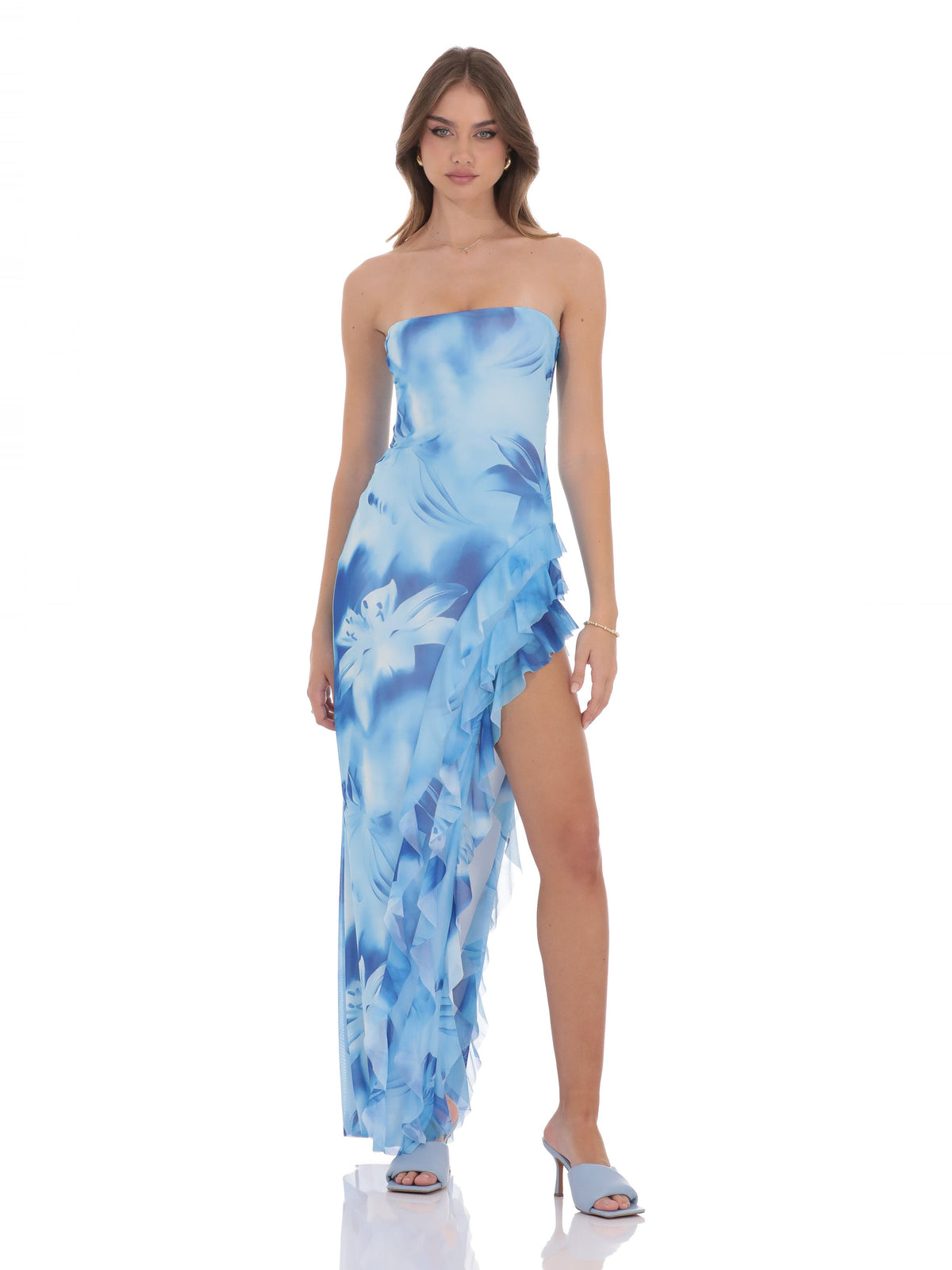 Blue bridesmaid dress with a-line silhouette and maxi length
