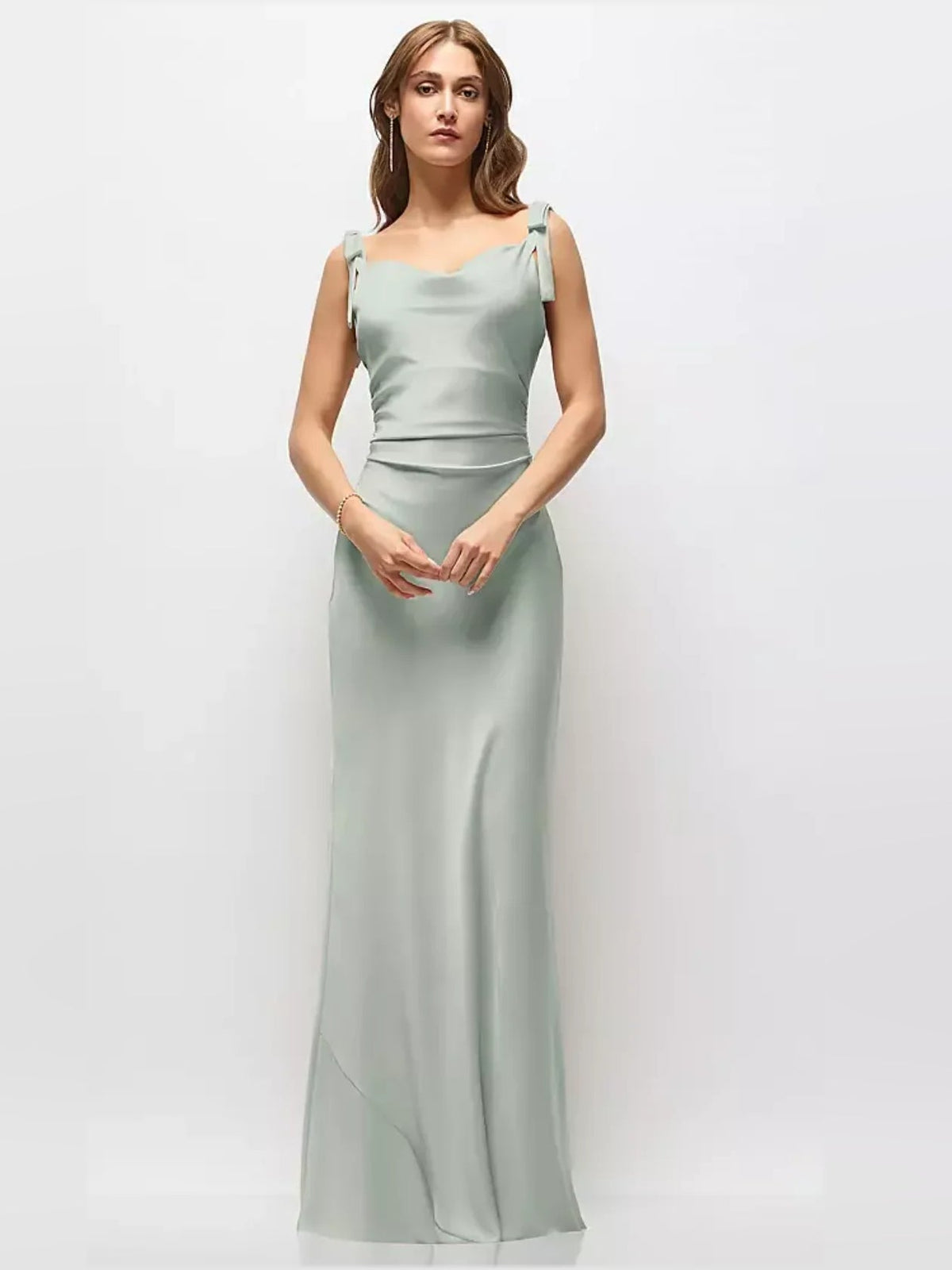 Ruched satin maxi dress with bow spaghetti straps, light blue