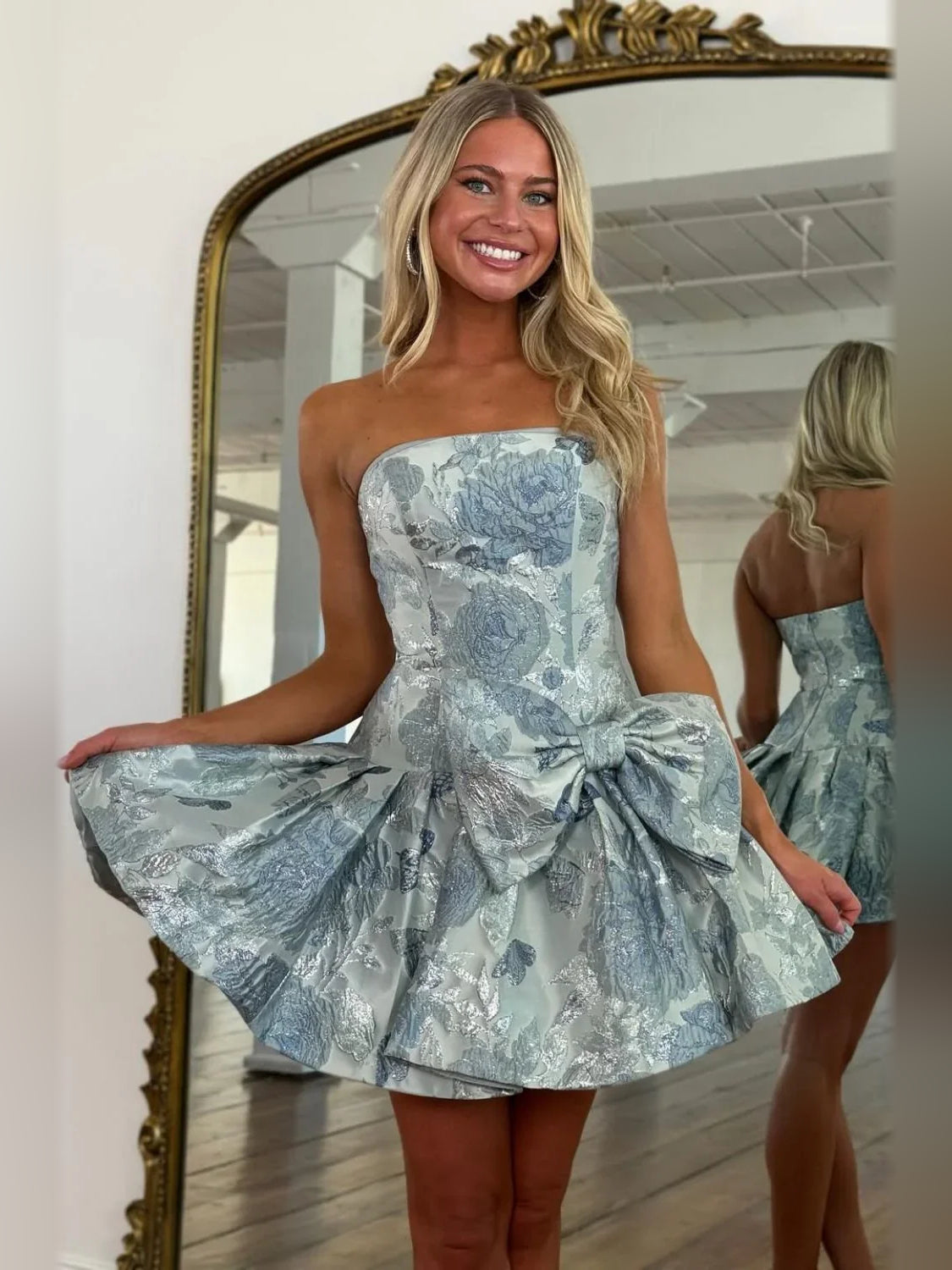 Strapless A-line mini homecoming dress, blue floral print with ruched bow waist