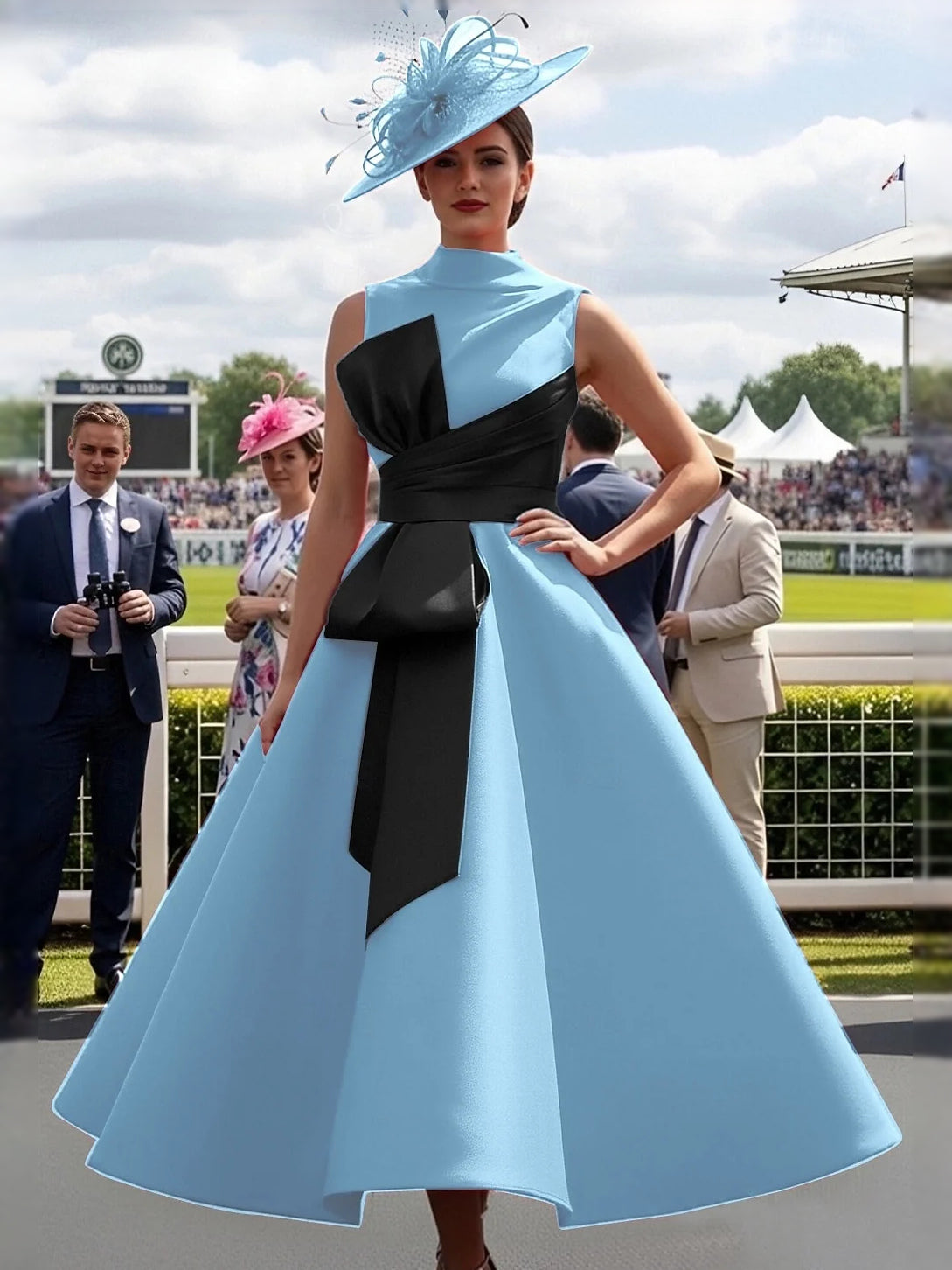 Sky blue satin A-line midi prom dress with high neck and black diagonal sash