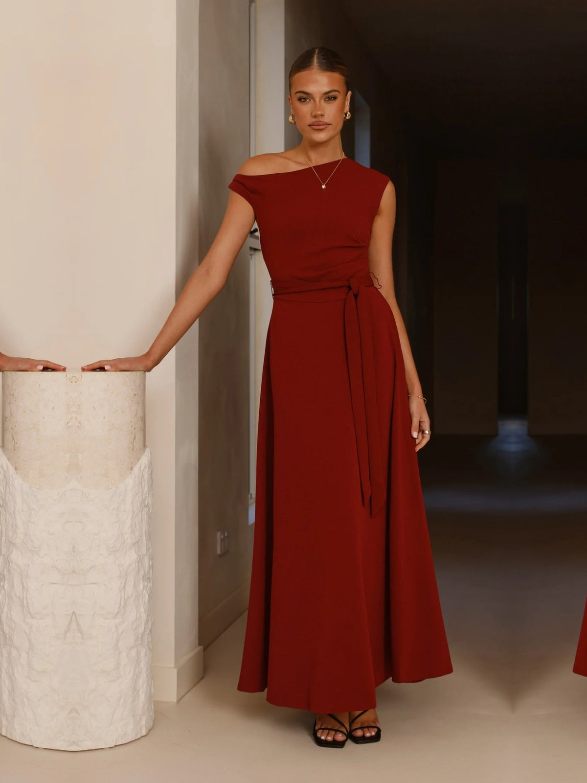 Burgundy a-line maxi formal dress with a-line, full-length front view