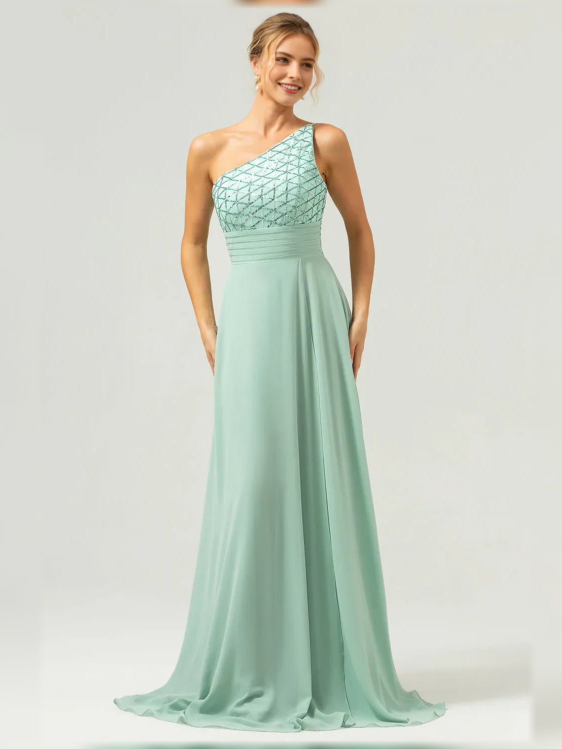 Mint green one-shoulder floor-length formal dress with pleats and beaded bodice
