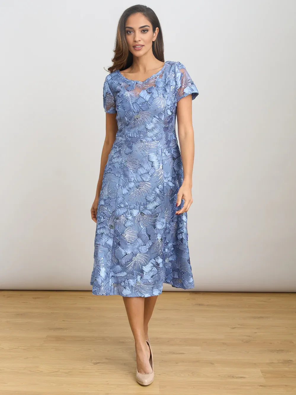 Dusty blue embroidered sequin midi A-line dress, short sleeves and scoop neckline