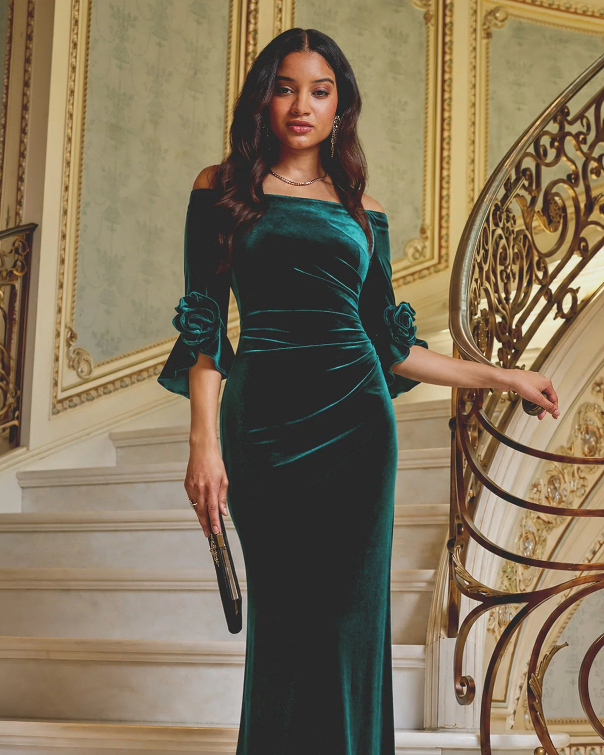 Hunter green off-shoulder A-line maxi dress with gathered bodice and rolled sleeve details