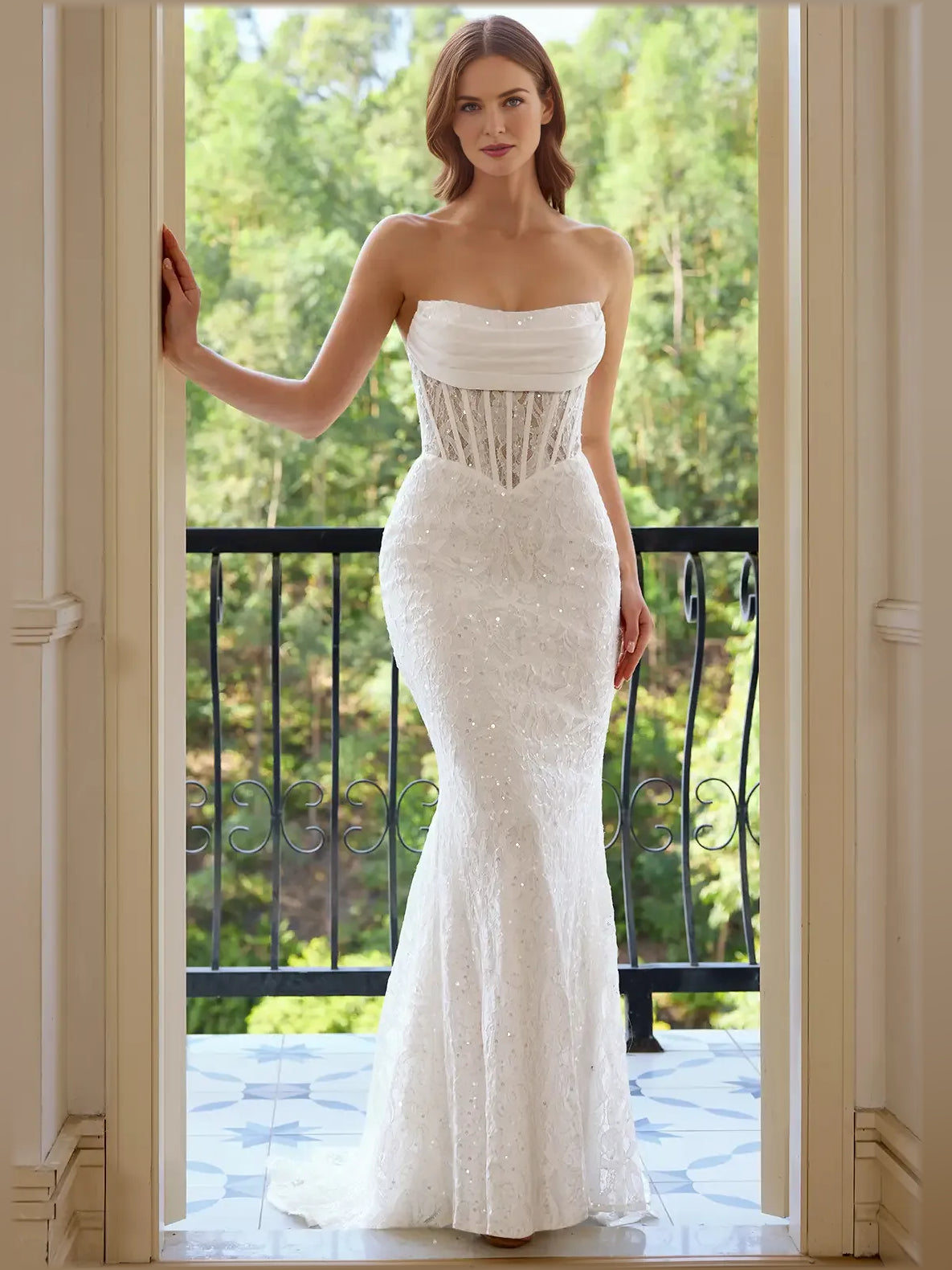 White strapless corset formal dress with lace-up back, fitted floor-length mermaid silhouette