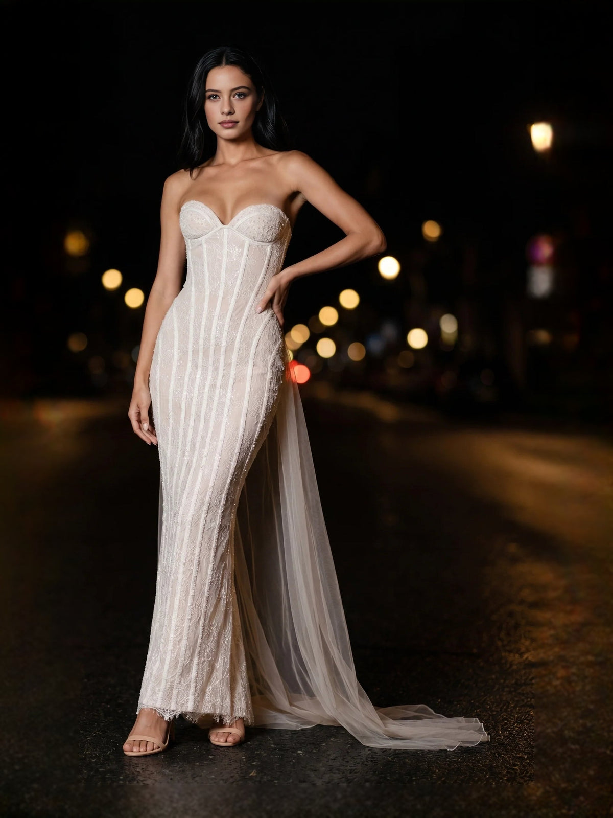 Ivory sweetheart corset mermaid gown with sheer overlay and side slit, floor length