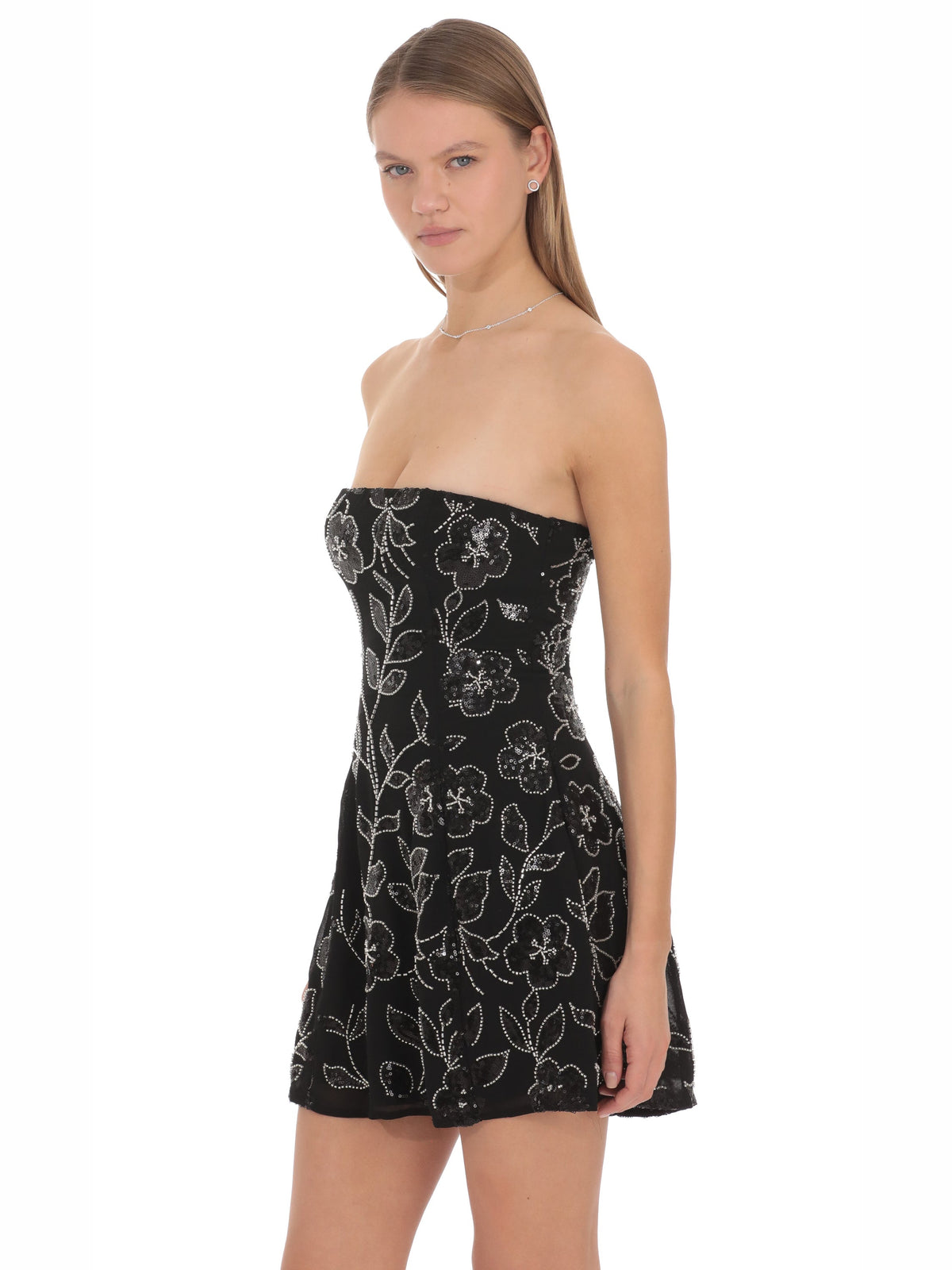 Black homecoming dress with a-line silhouette and mini length