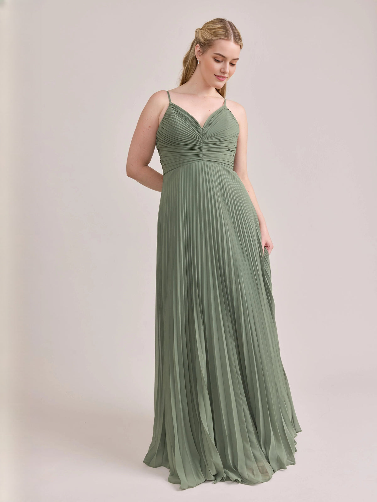 Dusty sage pleated satin corset V-neck maxi A-line dress, sleeveless