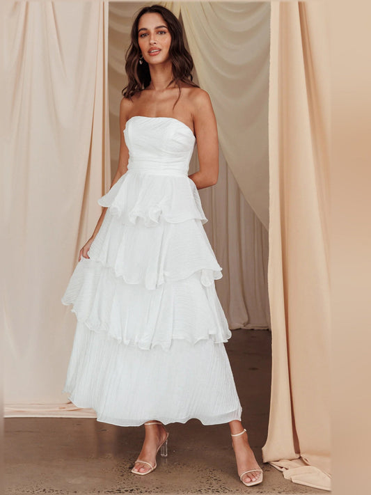 Off-white strapless layered midi formal dress with tiered ruffles